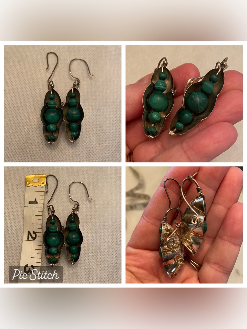 Vintage Artist Crafted Sterling Silver & Malachite Peapod Earrings